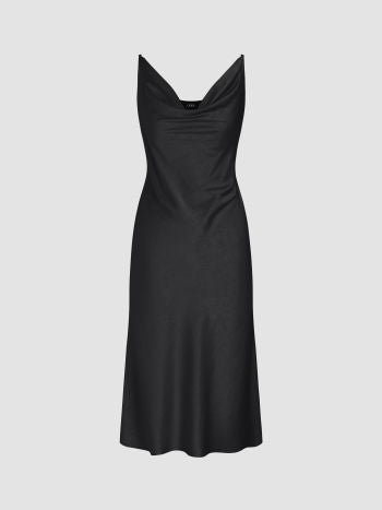 Satin cowl neck texture solid midi dress in black