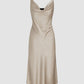 Satin cowl neck texture solid midi dress in nude