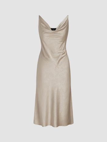 Satin cowl neck texture solid midi dress in nude