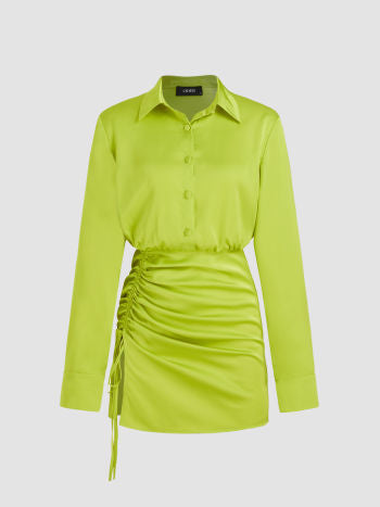 Satin polo drawstring ruched shirt mini dress in green