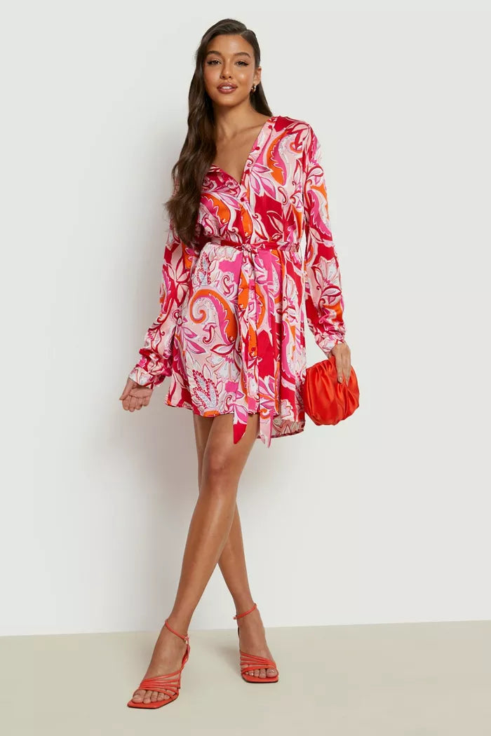 Satin swirl print belted dress in orange