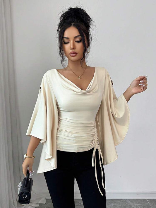 Scoop neck drawstring decor top in nude