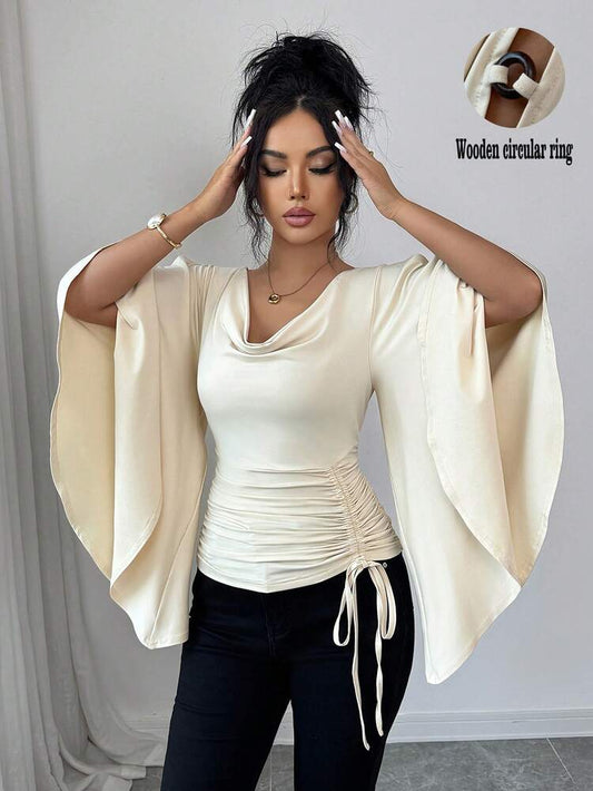 Scoop neck drawstring decor top in nude