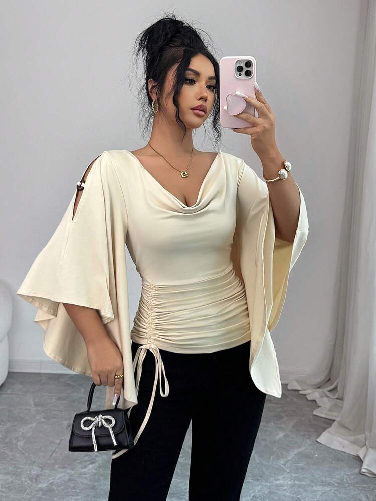 Scoop neck drawstring decor top in nude