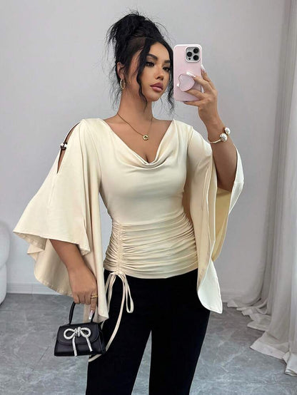 Scoop neck drawstring decor top in nude