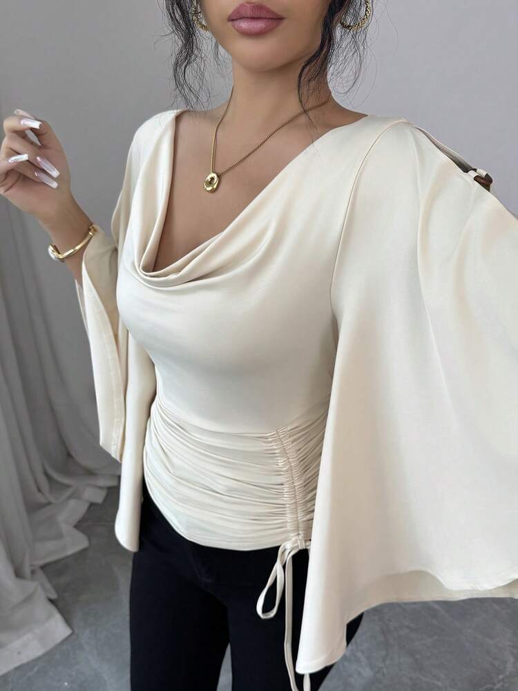 Scoop neck drawstring decor top in nude