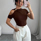 Short sleeve metal decorated hollow out top in brown
