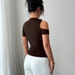 Short sleeve metal decorated hollow out top in brown
