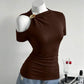 Short sleeve metal decorated hollow out top in brown