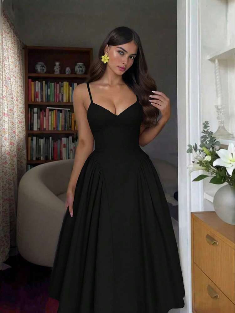 Side splice ruched bust long dress in black