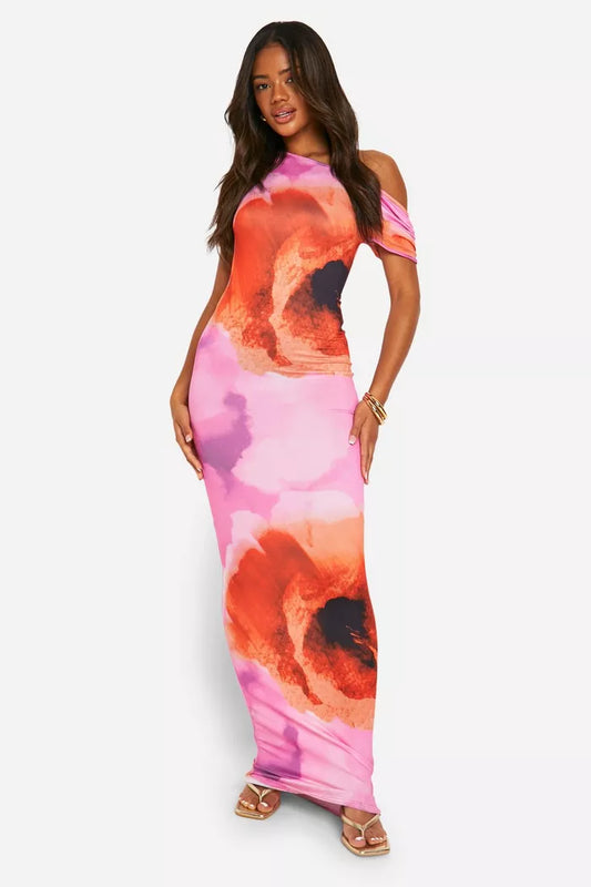 Slash neck cap sleeve maxi dress in multi