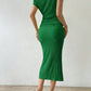 Sleeveless asmmetrical collar pleated dress in green