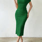 Sleeveless asymmetrical collar pleated dress in green