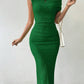 Sleeveless asmmetrical collar pleated dress in green