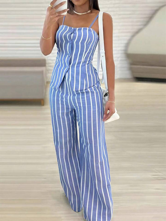 Sleeveless button down vest and straight leg pants in blue