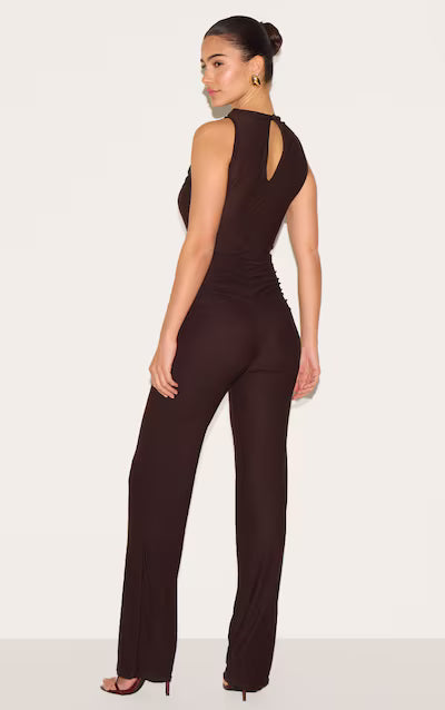 Soft touch ruched straight leg jumpsuit in brown