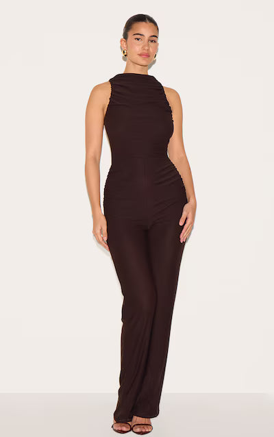 Soft touch ruched straight leg jumpsuit in brown