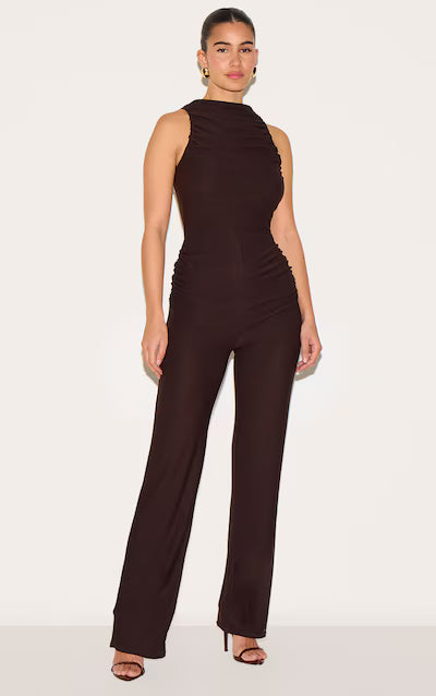 Soft touch ruched straight leg jumpsuit in brown