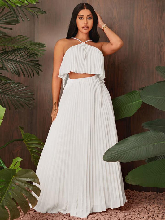 Sold pleated halter top & maxi skirt in white