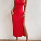 Solid split thigh halter dress in red