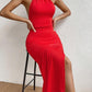 Solid split thigh halter dress in red