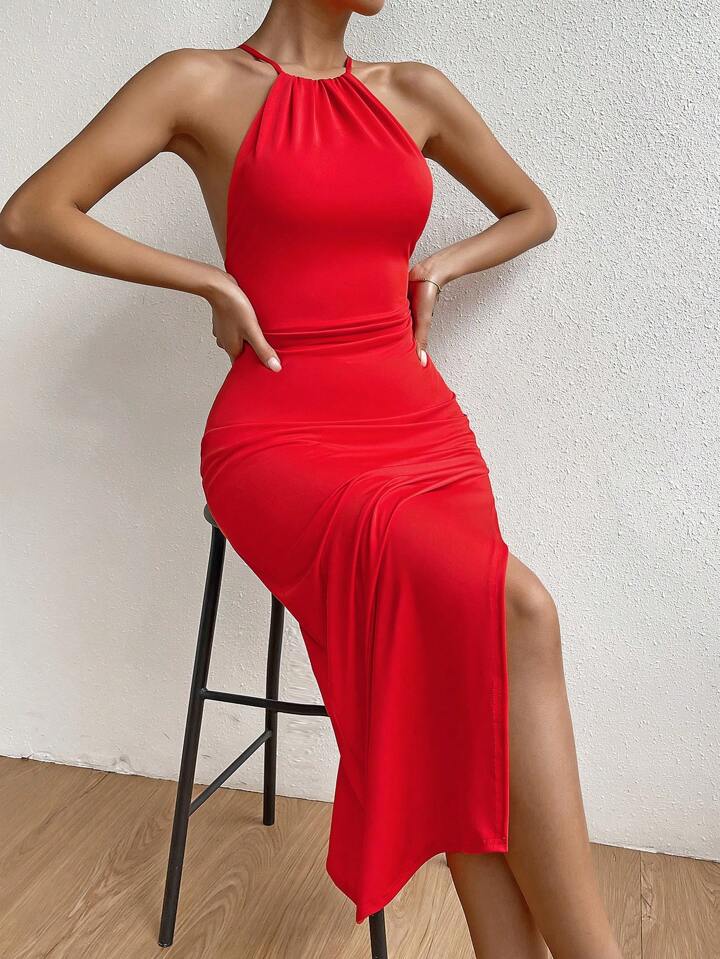 Solid split thigh halter dress in red