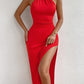 Solid split thigh halter dress in red