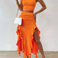 Solid tank top & ruffle trim split thigh skirt in orange