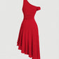 Solid asymmetrical neck dress in red