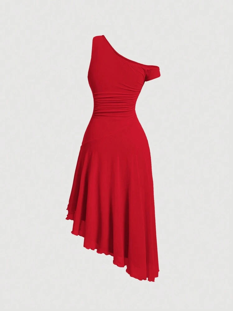 Solid asymmetrical neck dress in red