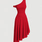 Solid asymmetrical neck dress in red