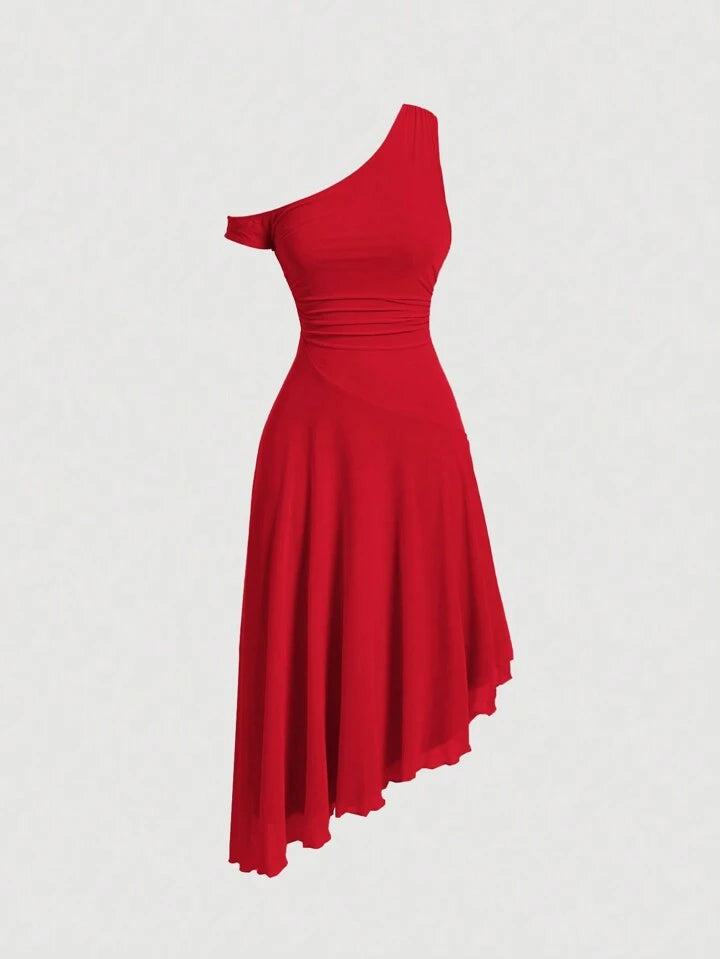 Solid asymmetrical neck dress in red