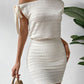 Solid asymmetrical neck knot side bodycon dress in cream