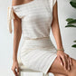 Solid asymmetrical neck knot side bodycon dress in cream