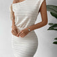 Solid asymmetrical neck knot side bodycon dress in cream