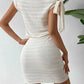 Solid asymmetrical neck knot side bodycon dress in cream