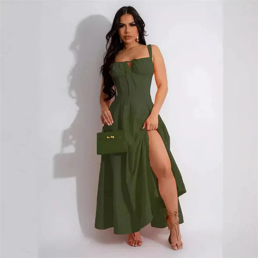 Solid backless strap maxi dress in dark green