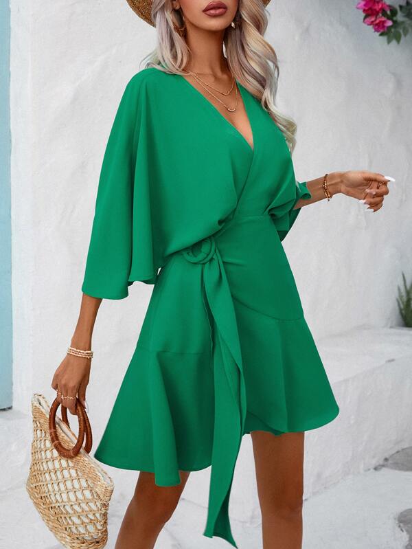 Solid batwing sleeve knot side wrap dress