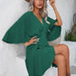 Solid batwing sleeve knot side wrap dress