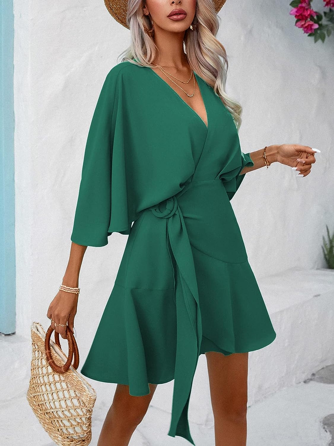 Solid batwing sleeve knot side wrap dress