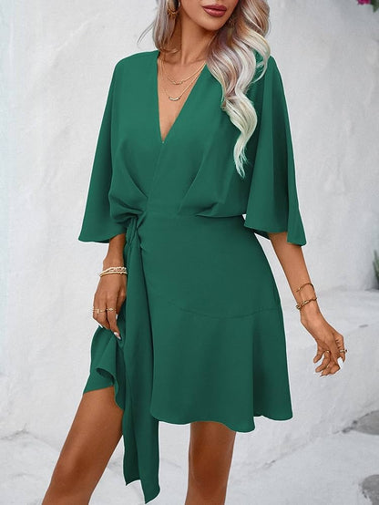 Solid batwing sleeve knot side wrap dress