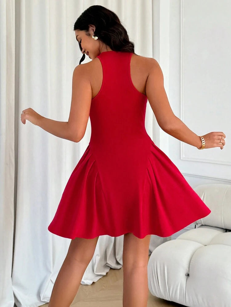 Solid cinched waist a-line dressin red