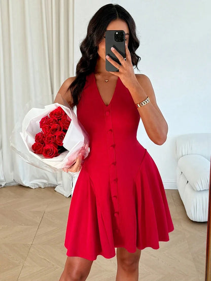Solid cinched waist a-line dressin red
