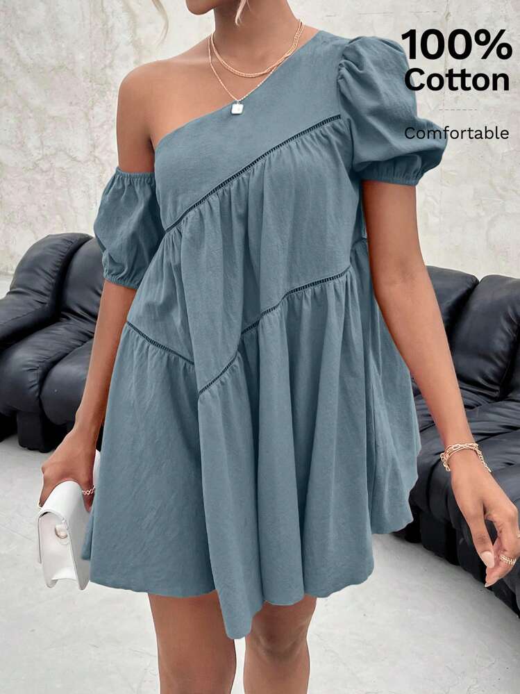 Solid color asymmetrical collar short sleeve dress in blue