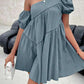 Solid color asymmetrical collar short sleeve dress in blue