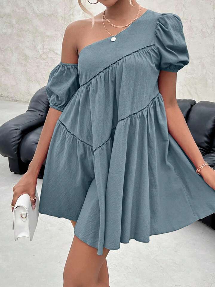 Solid color asymmetrical collar short sleeve dress in blue