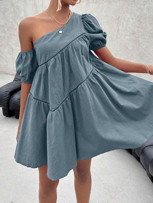 Solid color asymmetrical collar short sleeve dress in blue