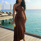 Solid color cut out waist pleated dress in brown