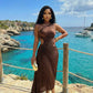 Solid color cut out waist pleated dress in brown