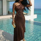 Solid color cut out waist pleated dress in brown